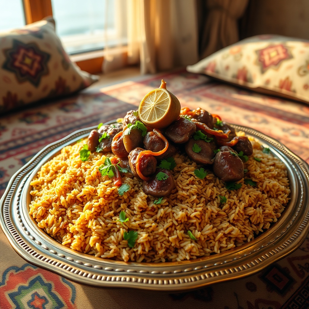 Traditional Kuwaiti dishes include this aromatic Machboos platter with spiced brown rice and slow-cooked lamb, garnished with dried lime and fresh herbs, served on a communal brass tray