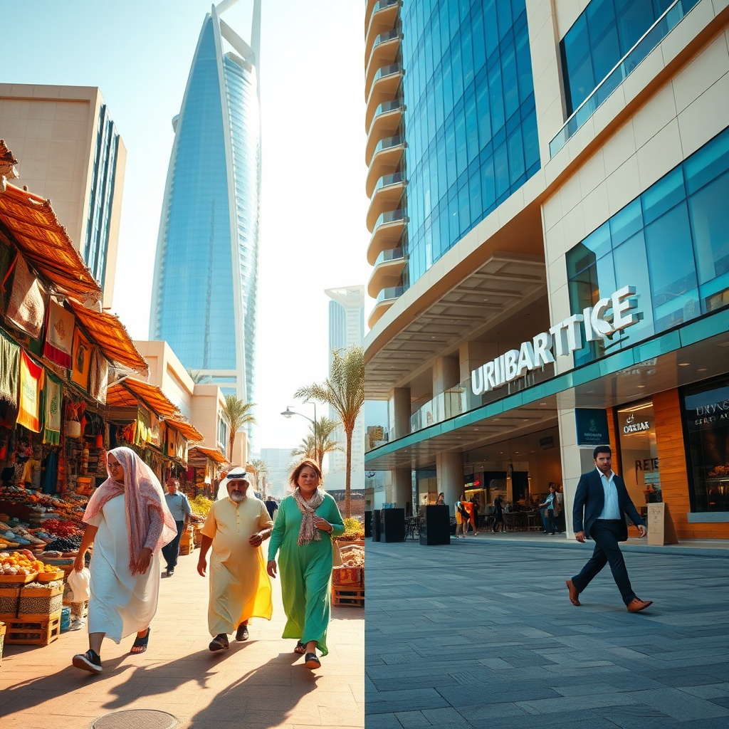 Street scene comparing Kuwait City vs Dubai daily life, showing a family in a traditional souk versus a professional in a modern plaza.