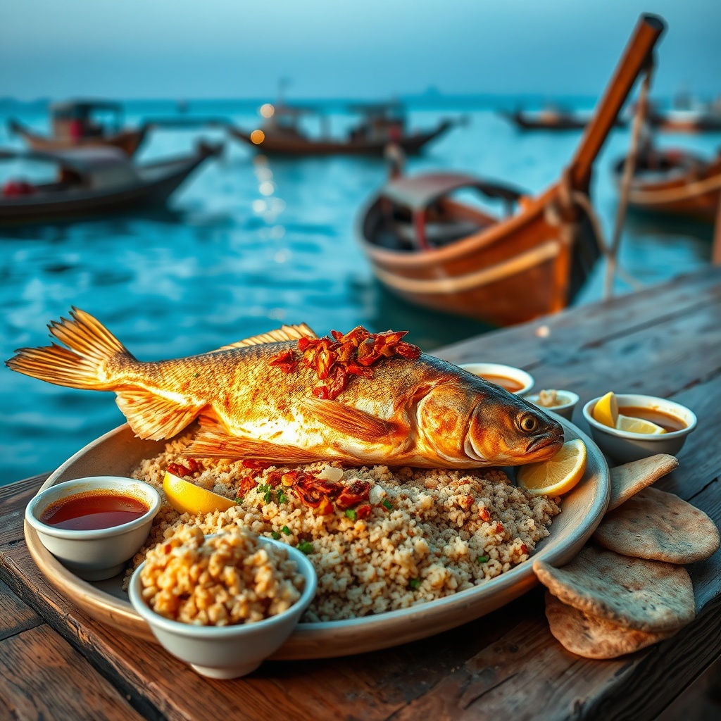 Kuwaiti dishes highlight coastal seafood like grilled Hamour and Mutabbaq Samak, flavored with dried lime and served in a traditional harbor setting