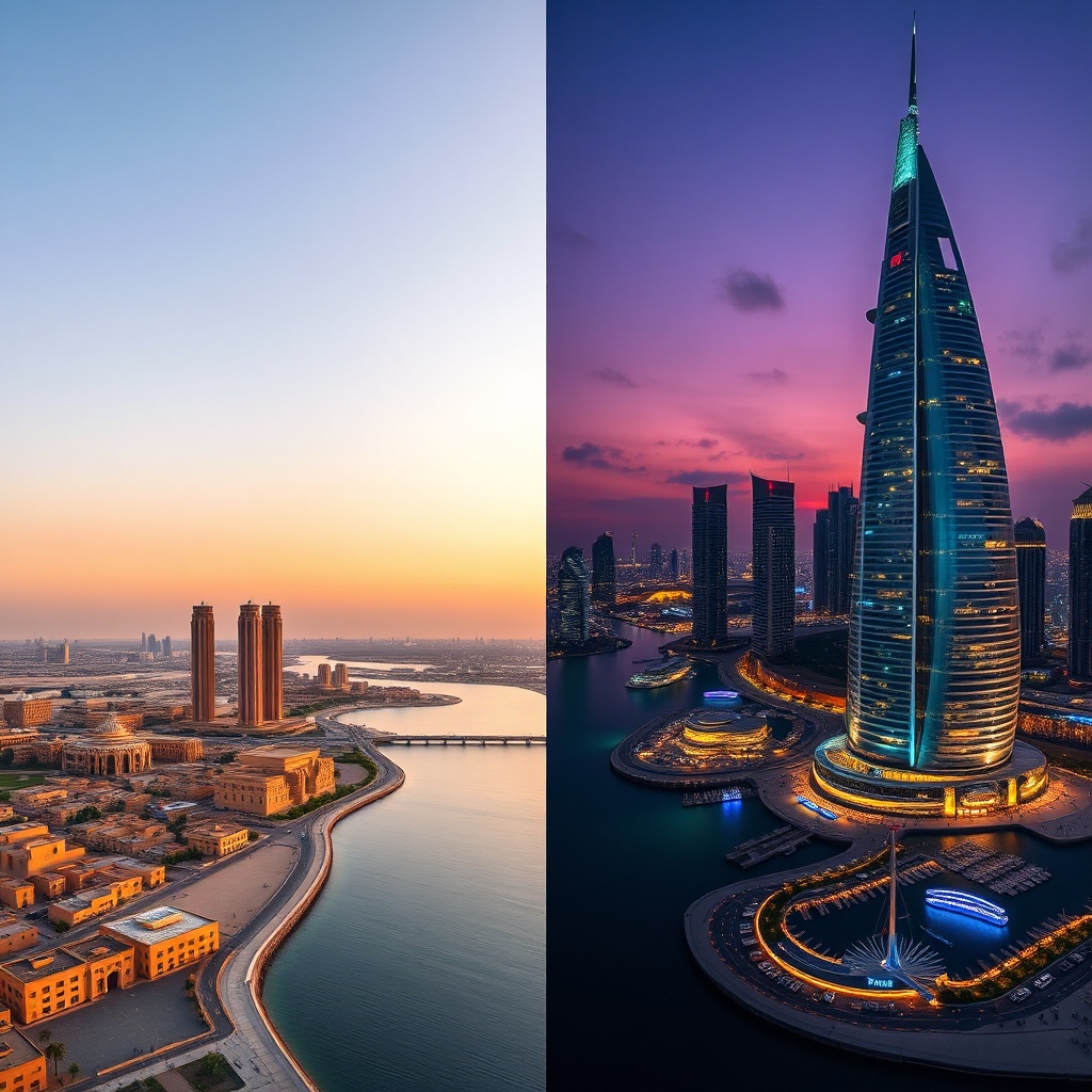 Aerial view comparing Kuwait City vs Dubai skylines at dusk, showing traditional sand-colored architecture on one side and futuristic illuminated skyscrapers on the other.