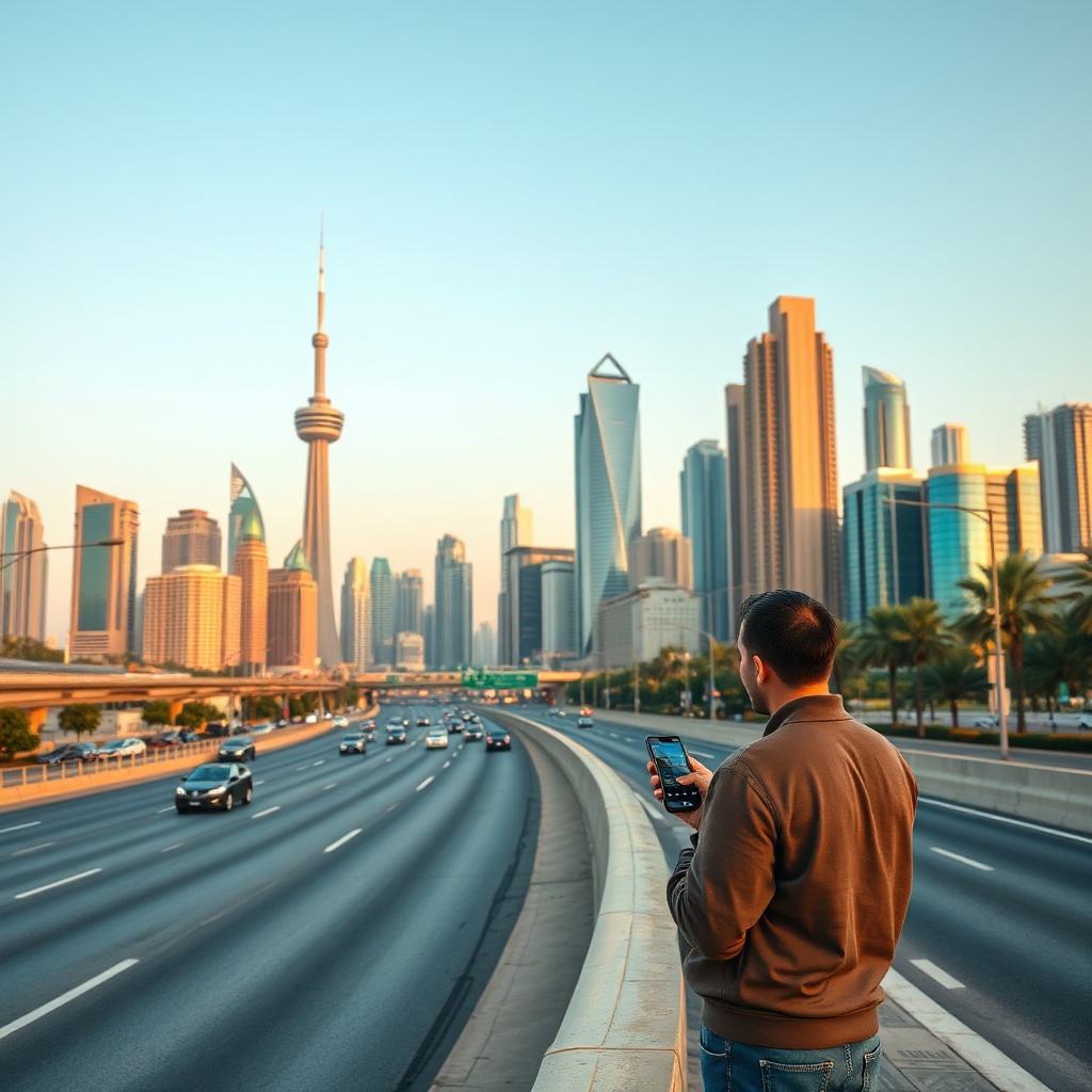 Kuwait travel tips for getting around the city: a traveler uses a ride-hailing app at a busy highway near the Kuwait Towers at sunset.