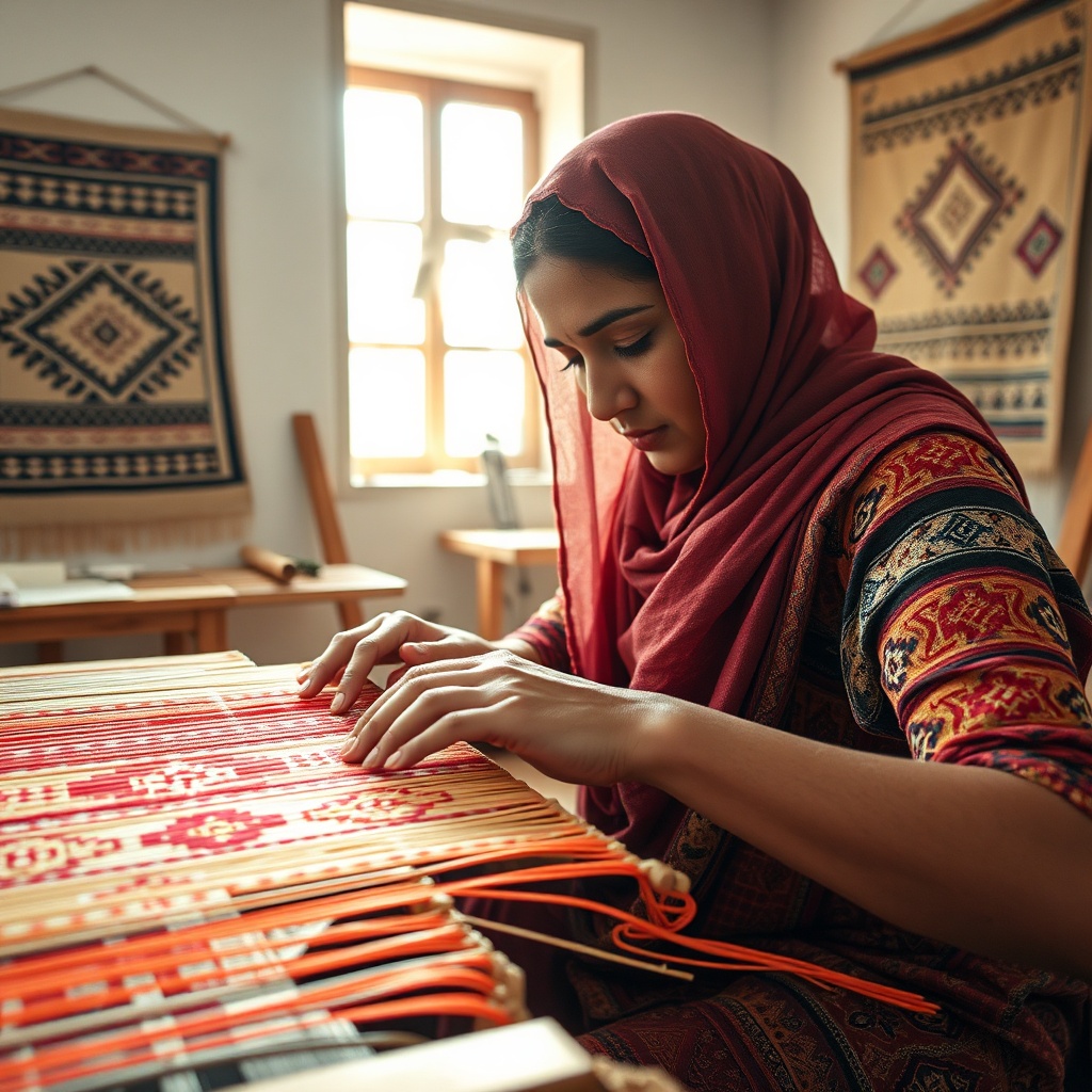 Kuwaiti culture and heritage in action as a woman weaves traditional Sadu fabric with geometric patterns, preserving Bedouin craftsmanship