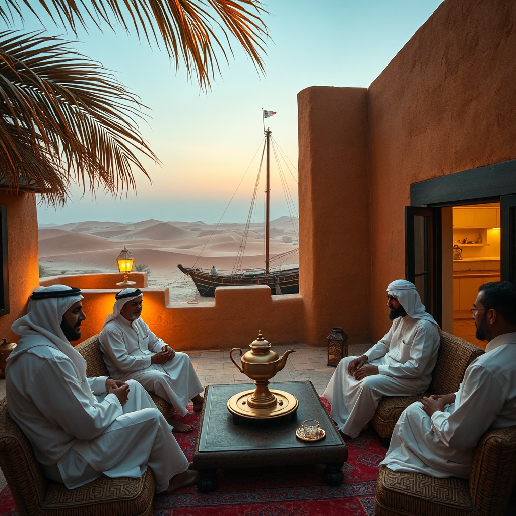 Traditional Kuwaiti diwaniya gathering in a courtyard with maritime and Bedouin heritage elements, symbolizing the roots of Kuwait cultural evolution